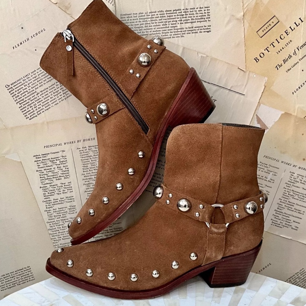 Free People Amelia Studded Ankle Boot Harness Western Tan Brown Suede - Picture 2 of 6
